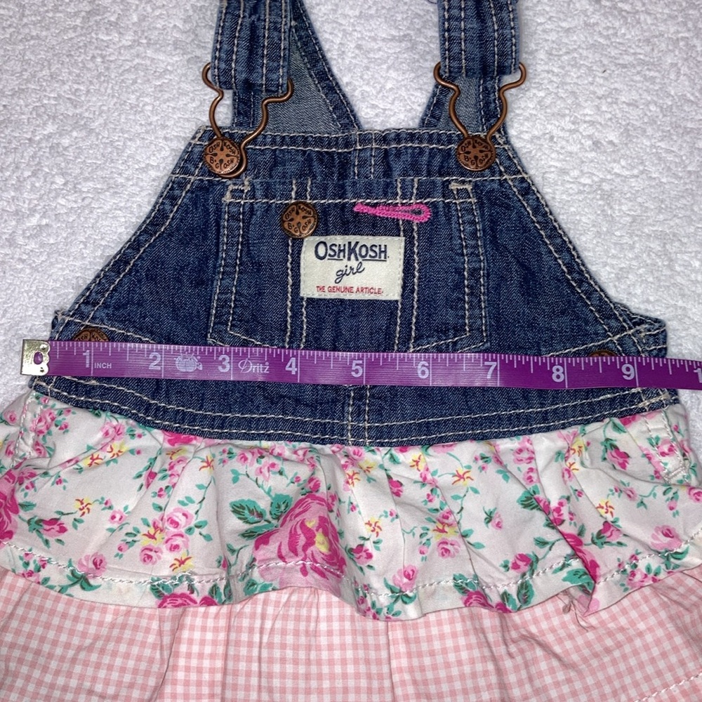 OshKosh B'Gosh Denim Overalls Dress  Tiered VestBack Flowers Gingham Pink 9m - Picture 5 of 7